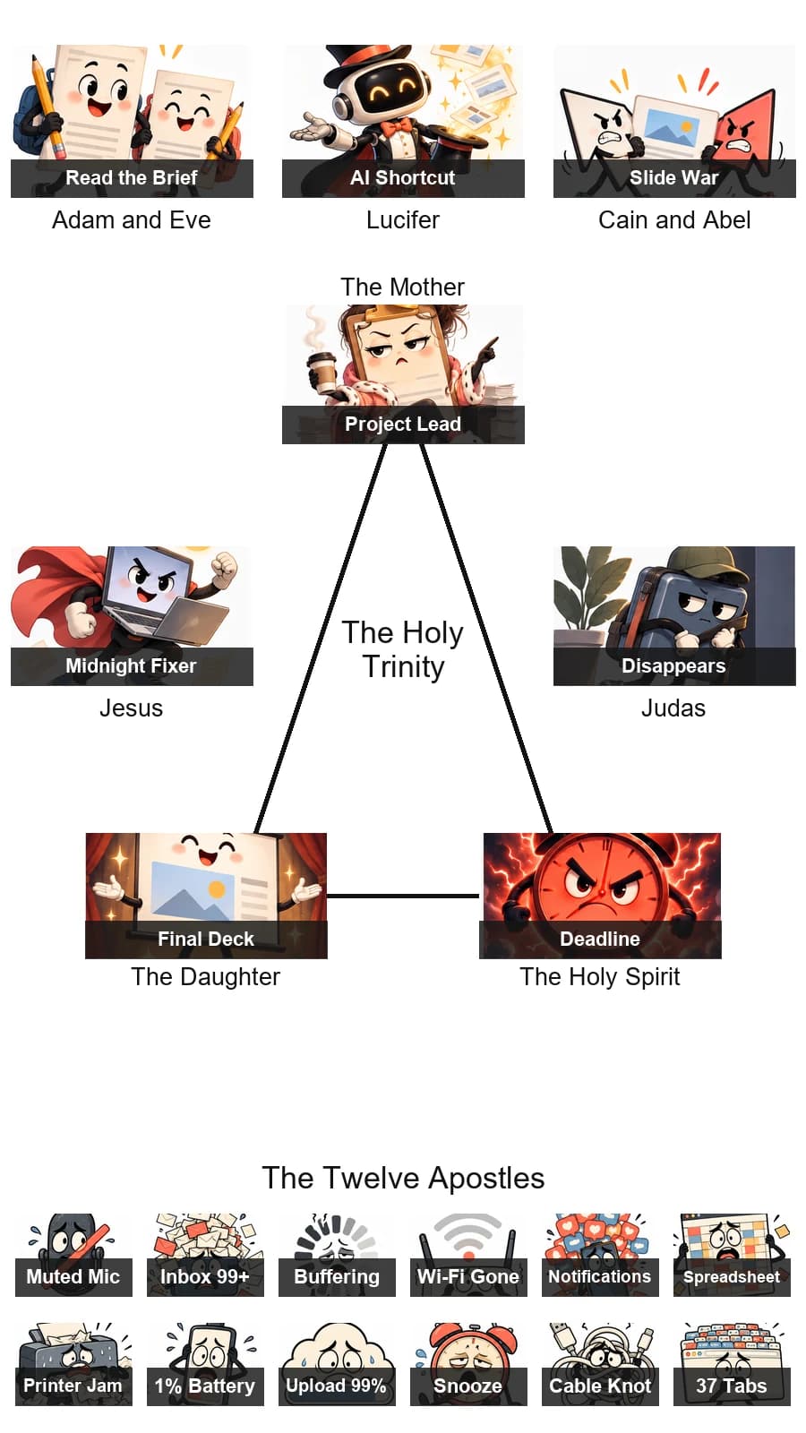 Twelve Apostles chart casting group project roles and twelve chaotic office tools